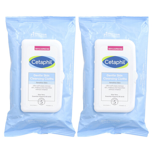 Cetaphil Gentle Skin Cleansing Cloths, Fragrance Free, 2 Packs, 25 Pre-Moistened Cloths Each