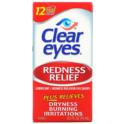 

Clear Eyes Redness Relief, Глазные капли смазывающее / снимающее покраснение, 0,5 жидких унций (15 мл)