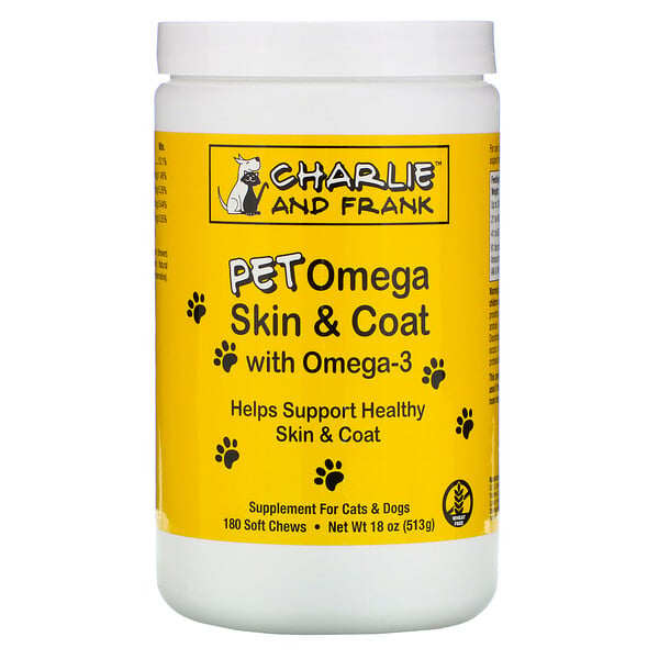 Charlie & Frank, Ácidos grasos omega-3 para la piel y el pelaje de las mascotas, Para gatos y perros, 180 suplementos masticables blandos