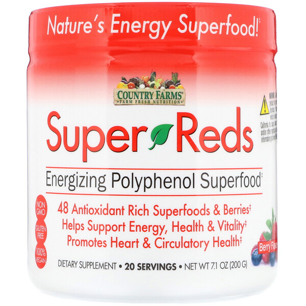 Country Farms‏, Super Reds, סופר-מזון פוליפנולי מגביר אנרגיה, פירות יער, 200 גרם (7.1 אונקיות)