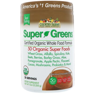 Country Farms Super Greens, сертифицированная органическая формула из цельных продуктов, со вкусом шоколада, 10,6 унц. (300 г)