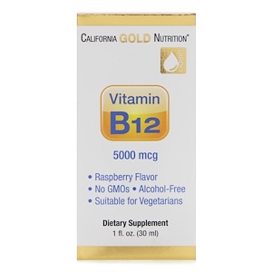 California Gold Nutrition, Жидкий витамин B12, без спирта, малина, 5000 мкг, 1 жидкая унция (30 мл)