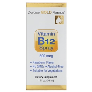 California Gold Nutrition, Витамин B12 в форме спрея, без спирта, малина, 500 мкг, 1 жидкая унция (30 мл)