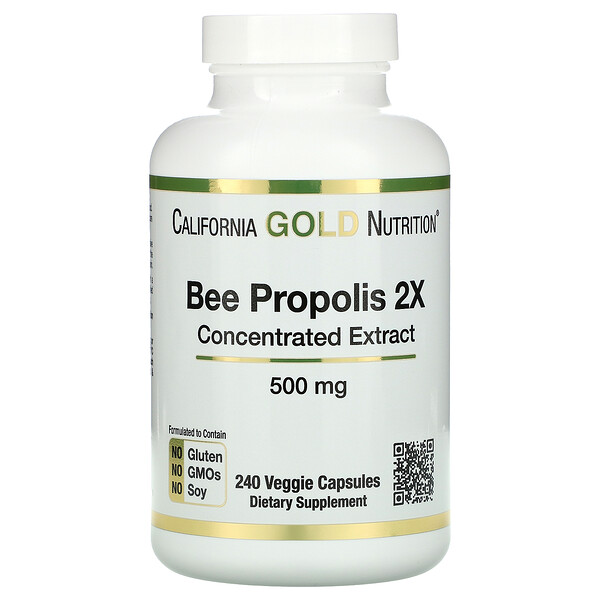 California Gold Nutrition‏, פרופוליס דבורים 2X, תמצית מרוכזת, 500 מ"ג, 240 כמוסות צמחיות