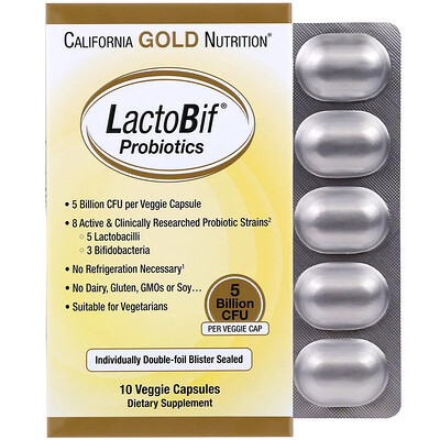 California Gold Nutrition LactoBif, пробиотики, 5 млрд КОЕ, 10 растительных капсул