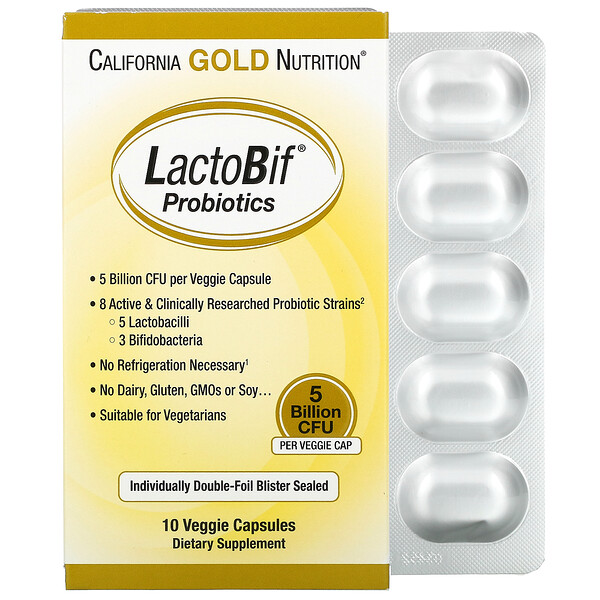 LactoBif, пробиотики, 5 млрд КОЕ, 10 растительных капсул