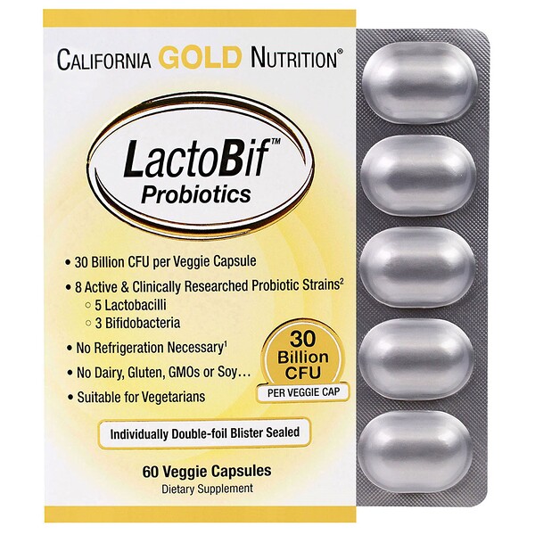 California Gold Nutrition, פרוביוטיקות מבית LactoBif‏, 30 מיליארד יחידות CFU‏, 60 כמוסות צמחוניות