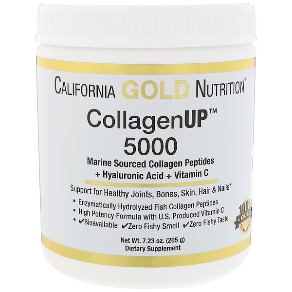 California Gold Nutrition, Коллаген UP 5000, пептиды коллагена, полученные из морских источников + гиалуроновая кислота + витамин С, 7,23 унции (205 г)