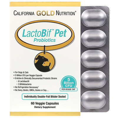 California Gold Nutrition Пробиотики LactoBif Pet, 5 млрд КОЕ, 60 растительных капсул