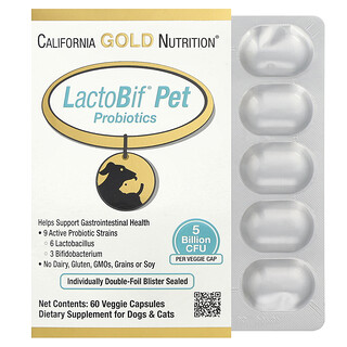 California Gold Nutrition, Probiotici per animali domestici LactoBif®, 60 capsule vegetali