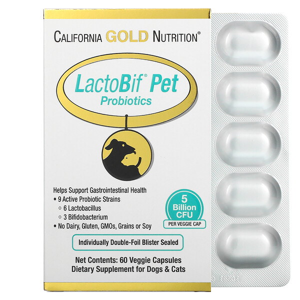 California Gold Nutrition, Пробиотики LactoBif Pet, 5 млрд КОЕ, 60 растительных капсул