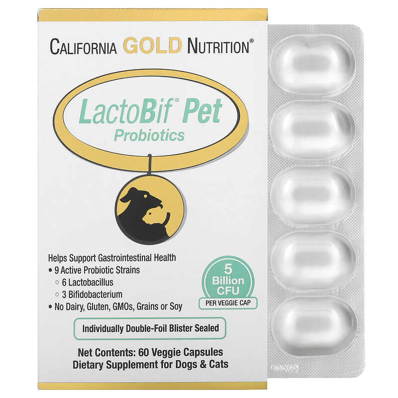 California Gold Nutrition,LactoBif 宠物益生菌，50 亿 CFU，60 粒素食胶囊