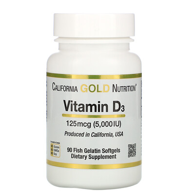 California Gold Nutrition Витамин D3, 125 мкг (5000 МЕ), 90 рыбно-желатиновых мягких таблеток