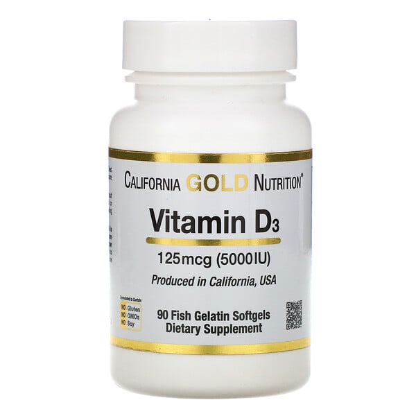 California Gold Nutrition, Витамин D3, 125 мкг (5000 МЕ), 90 рыбно-желатиновых капсул