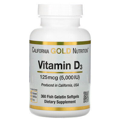 California Gold Nutrition витамин D3, 125 мкг (5000 МЕ), 360 капсул из рыбьего желатина