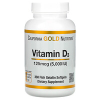 California Gold Nutrition, Vitamin D3, 125 mcg (5.000 IU), 360 Kapsul Gel Lunak Gelatin Ikan