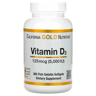 California Gold Nutrition, Vitamine D3, 125 µg (5000 UI), 360 capsules à enveloppe molle à base de gélatine de poisson