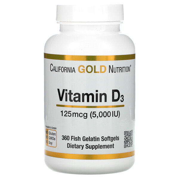 California Gold Nutrition, Витамин D3, 125 мкг (5000 МЕ), 360 рыбно-желатиновых капсул