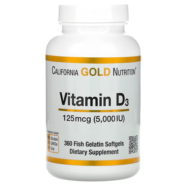 California Gold Nutrition‏, ויטמין D3‏, 125 מק״ג (5,000 יחב״ל), 360 כמוסות רכות מג'לטין דגים