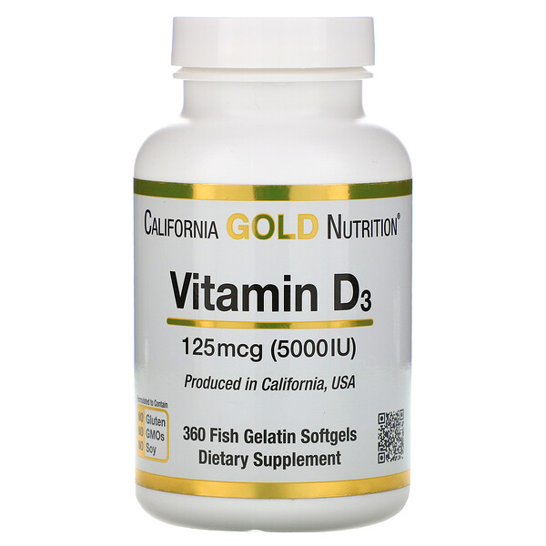 California Gold Nutrition, Витамин D3, 125 мкг (5 000 МЕ), 360 рыбно-желатиновых капсул