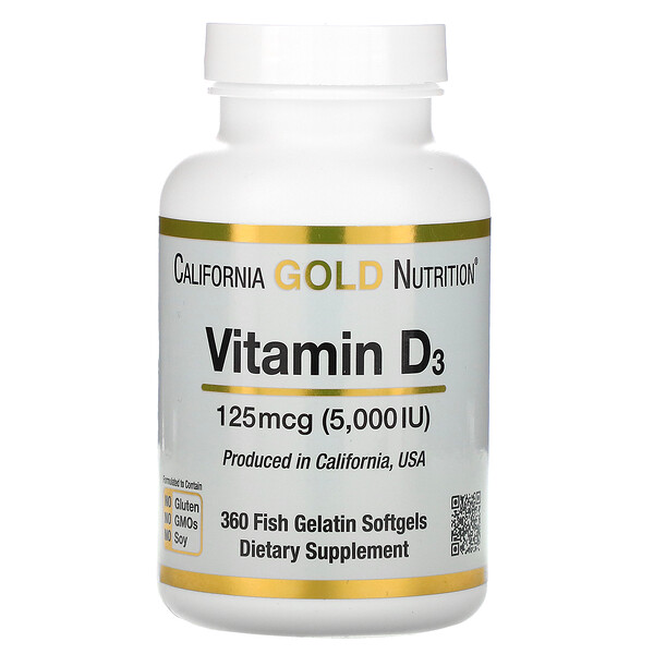California Gold Nutrition, Vitamin D3, 125 mcg (5,000 IU), 360 Fish Gelatin  Softgels - Ultimate Sup