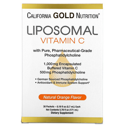 

California Gold Nutrition липосомальный витамин C, со вкусом натурального апельсина, 1000 мг, 30 пакетиков по 5,7 мл (0,2 унции) каждый