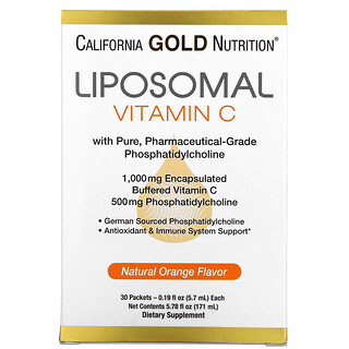 California Gold Nutrition, липосомальный витамин C, со вкусом натурального апельсина, 1000 мг, 30 пакетиков по 5,7 мл (0,2 унции) каждый