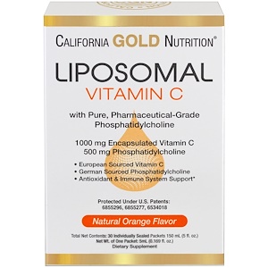 California Gold Nutrition, Липосомный витамин C, с фосфатидилхолином, натуральный вкус апельсина, 30 отдельно запечатанных пакета, 5 мл (0,169 fl oz) каждый