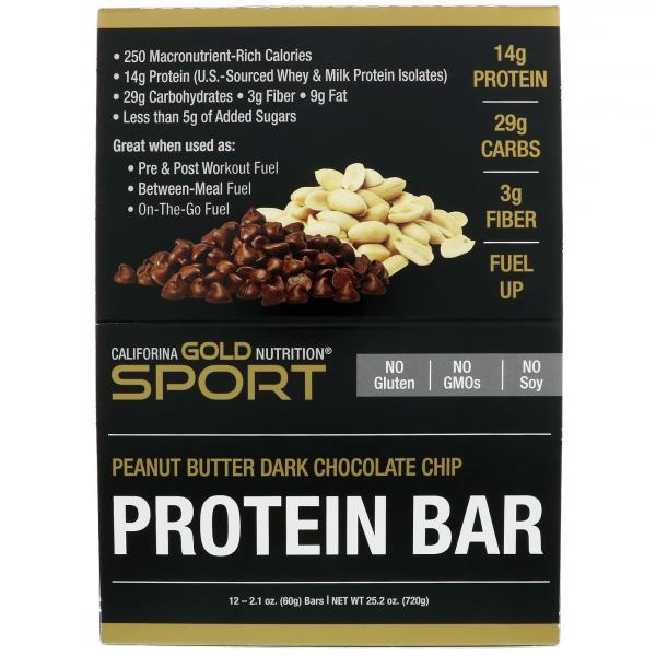 California Gold Nutrition, Протеиновые батончики, арахисовая паста и шоколадная крошка, без глютена, 12 батончиков, 2,1 унции (60 г) каждый