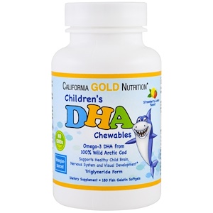 California Gold Nutrition, Детские жевательные конфеты с ДГА, 100% дикий арктическая треска, со вкусом клубники и лимона, 180 мягких желатиновых капсул