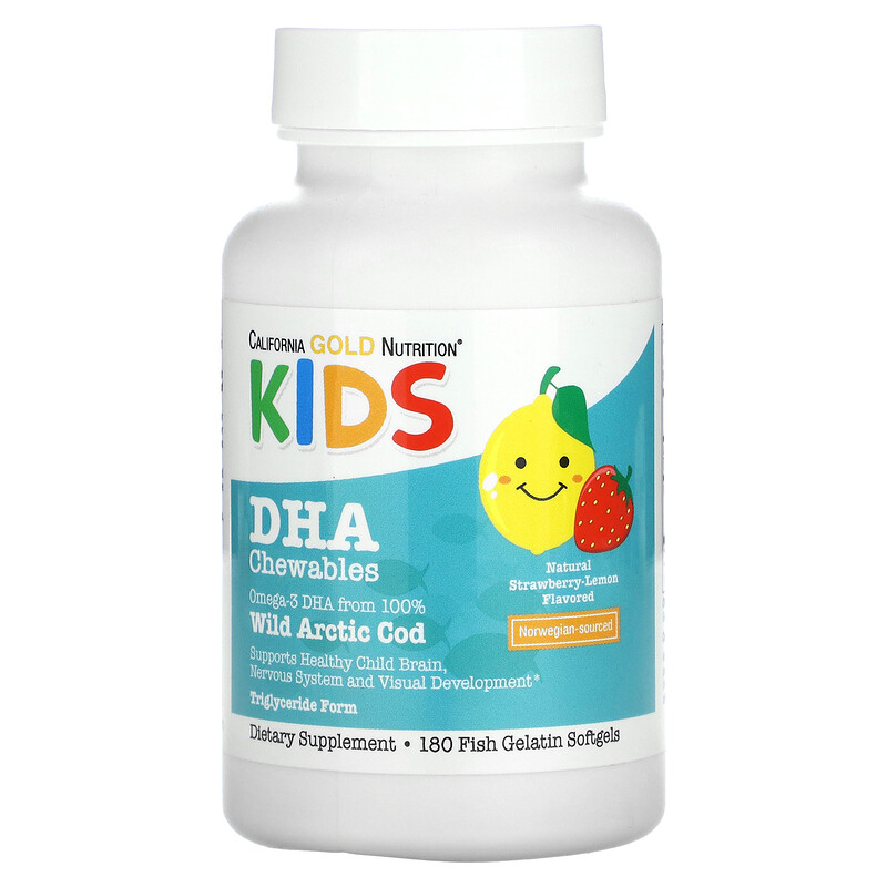 California Gold Nutrition, ДГК для детей в форме жевательных таблеток (из дикой арктической трески), со вкусом клубники и лимона, 180 мягких таблеток из рыбьего желатина