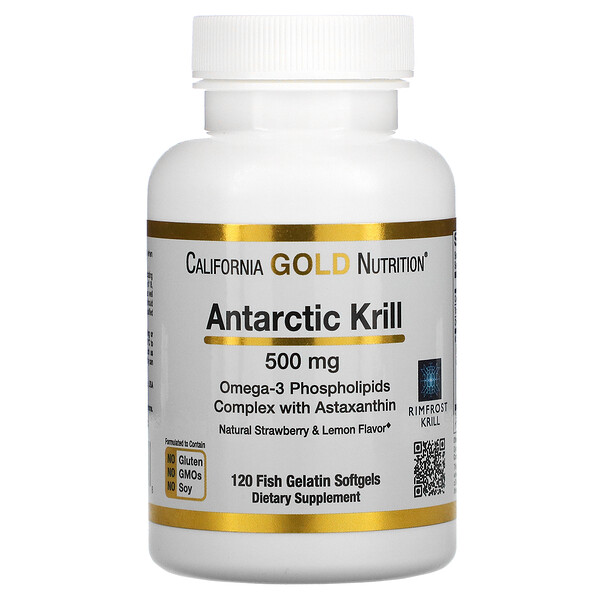 Aceite de kril antártico, Con astaxantina, RIMFROST, Sabor natural a fresa y limón, 500 mg, 120 cápsulas blandas de gelatina de pescado
