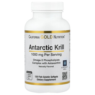 California Gold Nutrition, Aceite de kril antártico, Complejo de fosfolípidos de omega-3 con astaxantina, Sabor natural a fresa y limón, 120 cápsulas blandas de gelatina de pescado