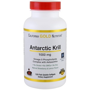 California Gold Nutrition, Жир арктического криля, с астаксантином, RIMFROST, натуральный клубничный и лимонный вкус, 1000 мг, 120 желатиновых капсул-рыбок