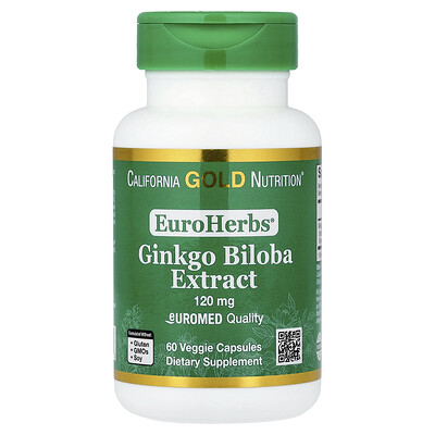California Gold Nutrition, EuroHerbs™, Extracto de Ginkgo biloba, Calidad Euromed, 120 mg, 60 cápsulas vegetales