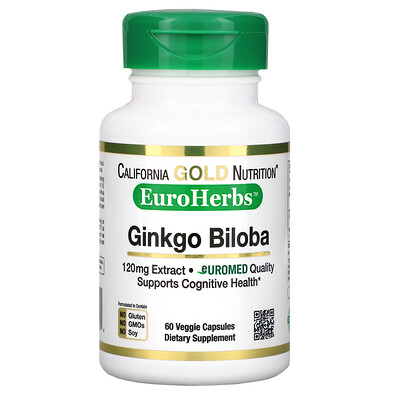 

Экстракт гинкго билоба, EuroHerbs, европейское качество, 120 мг, 60 растительных капсул