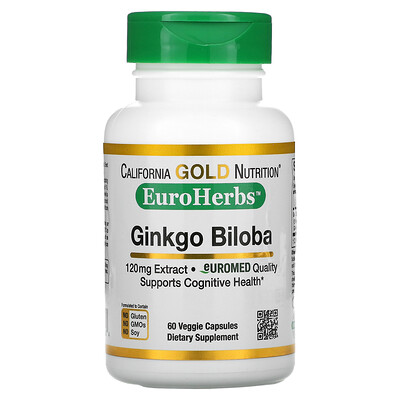 California Gold Nutrition EuroHerbs  экстракт гинкго билоба  европейское качество  120 мг  60 растительных капсул