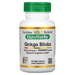 California Gold Nutrition, EuroHerbs, экстракт гинкго билоба, европейское качество, 120 мг, 60 растительных капсул