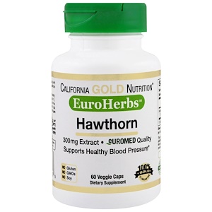 California Gold Nutrition, боярышник XT, EuroHerbs 300 мг, 60 растительных капсул