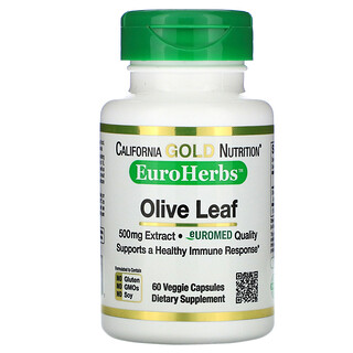 California Gold Nutrition, EuroHerbs, Extracto de hojas de oliva, Calidad europea, 500 mg, 60 cápsulas vegetales