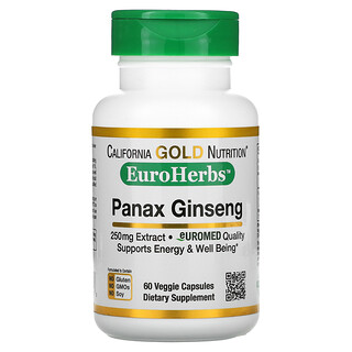 California Gold Nutrition, Extrait de Panax Ginseng, EuroHerbs, Qualité Européenne, 250 mg, 60 Veggie Capsules