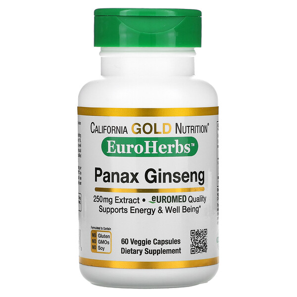 California Gold Nutrition, Extracto de Panax Ginseng, EuroHerbs, calidad europea, 250 mg, 60 cápsulas vegetales