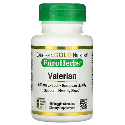 

California Gold Nutrition EuroHerbs, валериана, 500 мг, 60 растительных капсул