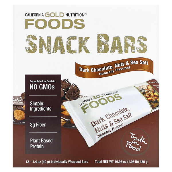 California Gold Nutrition Foods, Dark Chocolate, Nuts, & Sea Salt Snack Bars, 12 Bars, 1.4 oz (40 g) Each