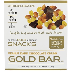California Gold Nutrition, Gold Bar, Арахис и кусочки темного шоколада, 12 батончиков, 1,4 унц. (40 г) каждый