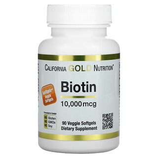 California Gold Nutrition, Biotina, 10.000 mcg, 90 Cápsulas Softgel Vegetais