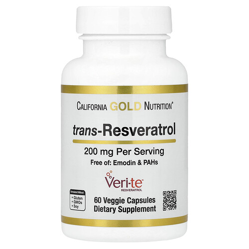California Gold Nutrition, Trans-resveratrol, Producto de origen italiano, 200 mg, 60 cápsulas vegetales