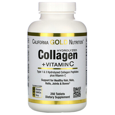 California Gold Nutrition Гидролизованные пептиды коллагена с витамином C, тип 1 и 3, 6000 мг в 1 порции, 250 таблеток