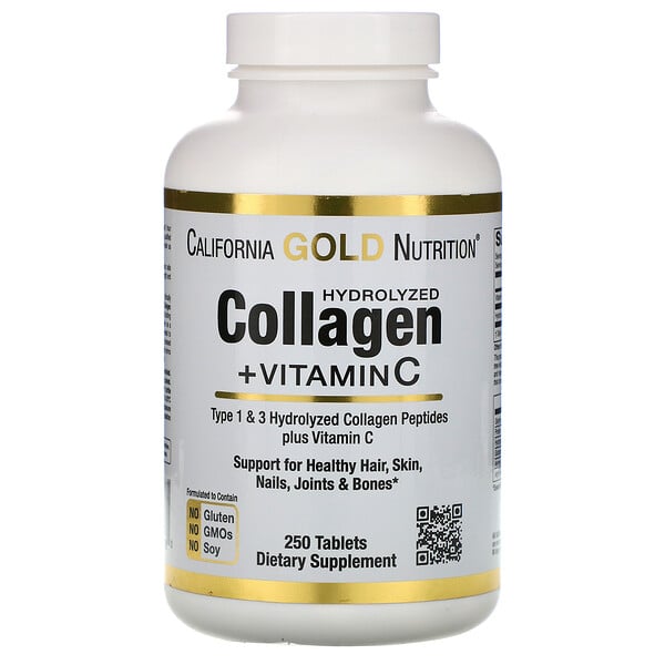 California Gold Nutrition, Гидролизованные коллагеновые пептиды + витамин С, тип I и III, 6000 мг на порцию, 250 таблеток
