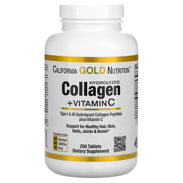 California Gold Nutrition, Hydrolyzed Collagen Peptides + Vitamin C, hydrolysierte Kollagenpeptide + Vitamin C, Typ I und III, 250 Tabletten